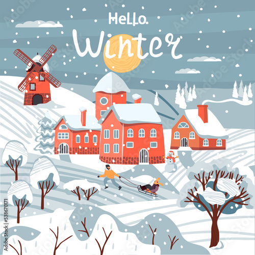 Hello Winter poster with landscape.Cute houses, windmill, hills, snow-covered trees and bushes, snowman, people sledding, sun and clouds, falling snow and lettering .Vector cartoon flat illustration.
