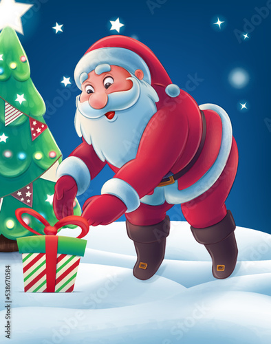 santa claus with gift under tree