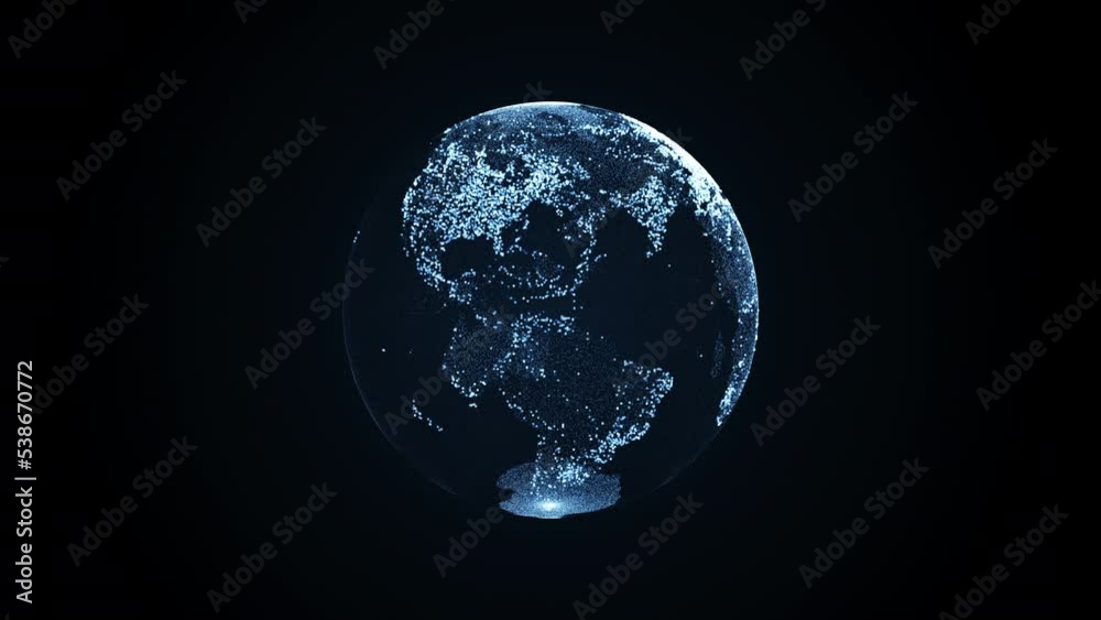 Animation of spinning globe of the Earth planet from blue particulars on dark background, 4K seamless loop earth globe animation