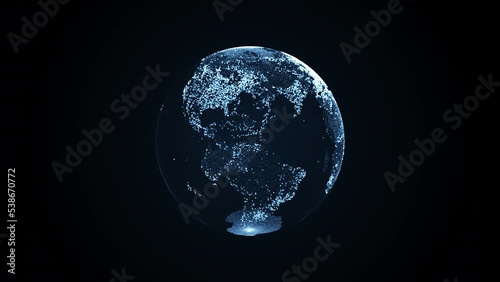 Animation of spinning globe of the Earth planet from blue particulars on dark background, 4K seamless loop earth globe animation