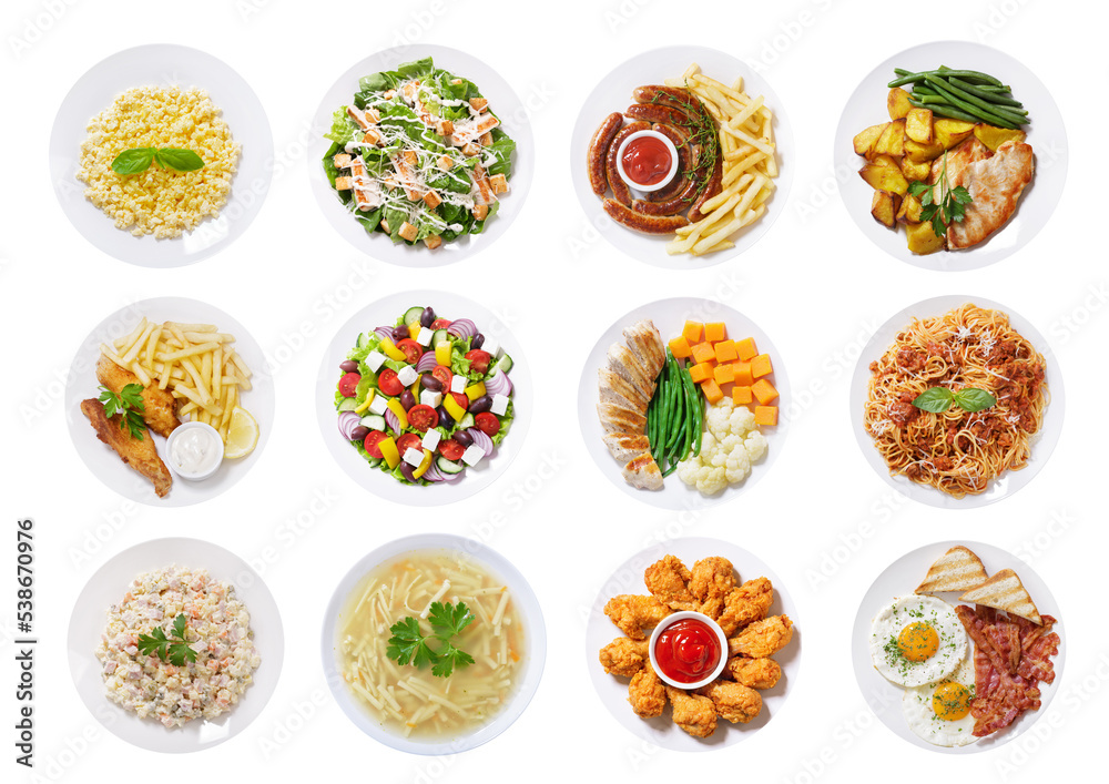 Plates of food isolated on a white background, top view Plates of food isolated on a white background, top view