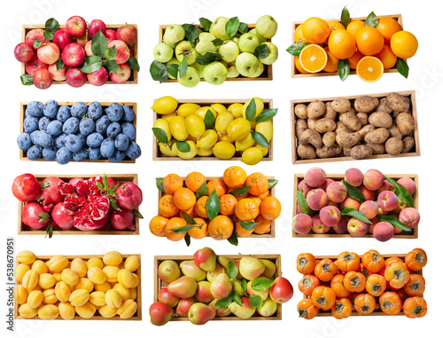 wooden boxes with fresh fruits isolated on white background  top view