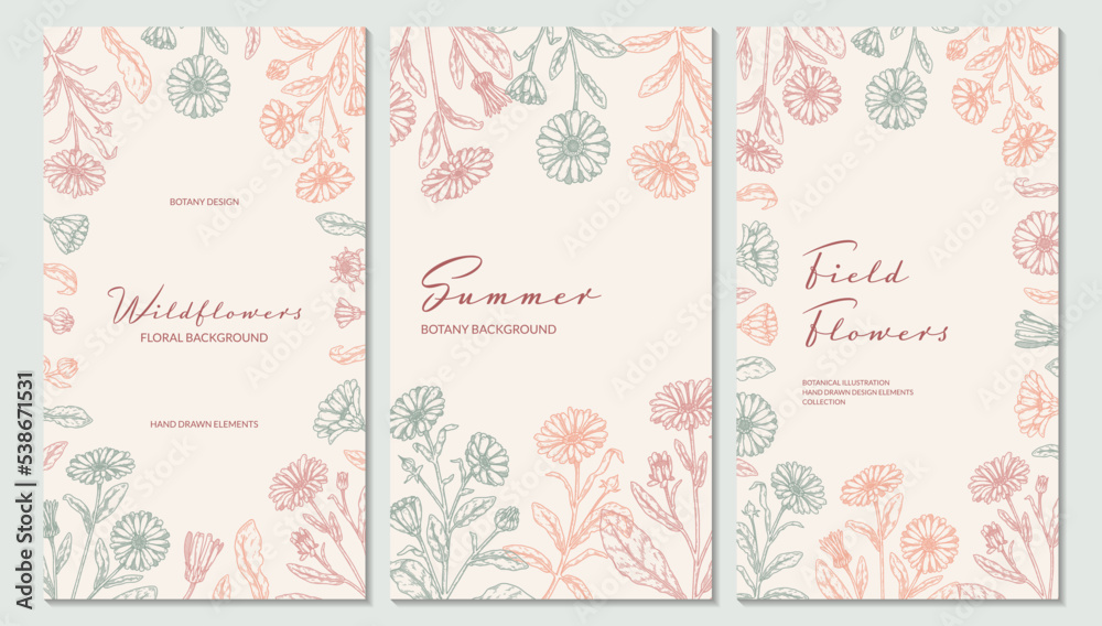 Set of summer flowers vertical packaging designs with hand drawn elements. Vector illustration in sketch style