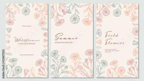 Set of summer flowers vertical packaging designs with hand drawn elements. Vector illustration in sketch style