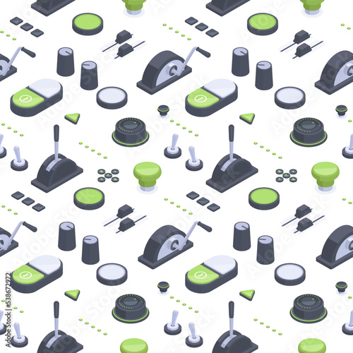 Isometric panel buttons, isometric sliders and switches pattern. Spacecraft control panel regulators and toggles seamless pattern vector illustration. Dashboard panel 3d knobs