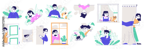 Peeping curious people, spying through window, searching characters. Men and women secretly looking out, spying observing around flat vector illustration collection. Curious persons monitoring set