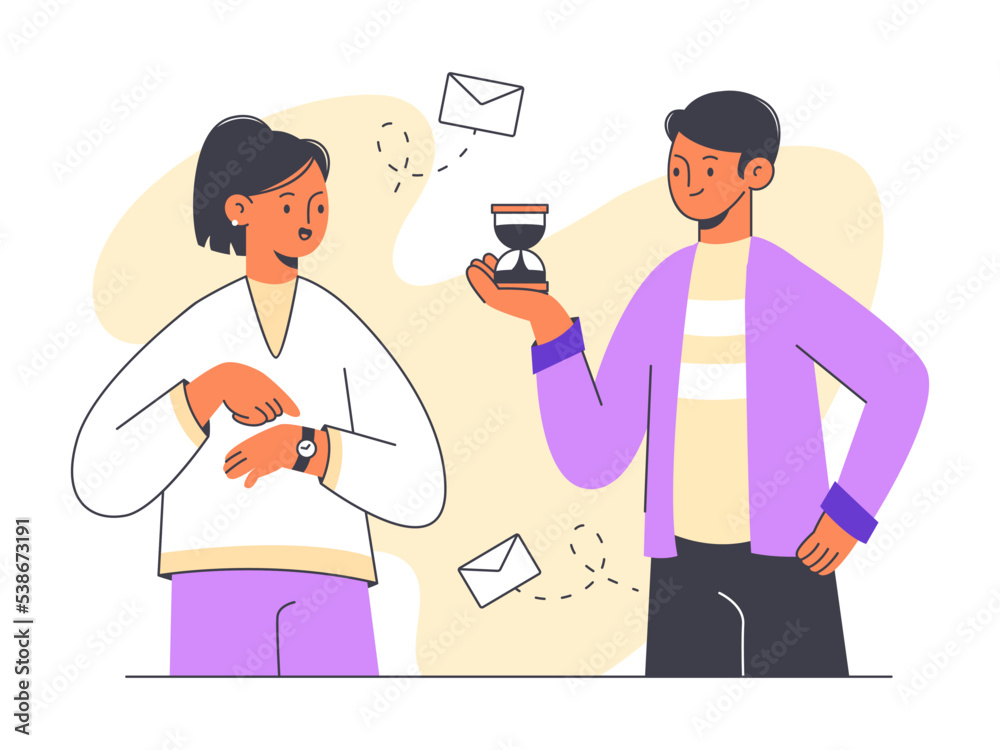 Effective business schedule organising, time management concept. Work process organising, office people with hourglass flat vector illustration. Man and woman time schedule concept Effective business schedule organising, time management concept. Work process organising, office people with hourglass flat vector illustration. Man and woman time schedule concept