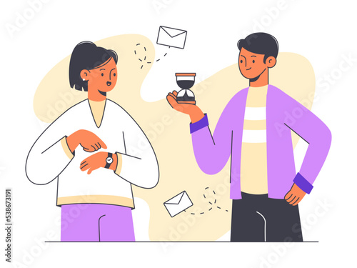 Effective business schedule organising, time management concept. Work process organising, office people with hourglass flat vector illustration. Man and woman time schedule concept