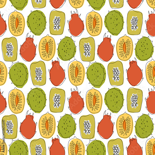 Seamless vector pattern with tropical exotic fruits, mango, papaya, durian, carambola, cute drawn background