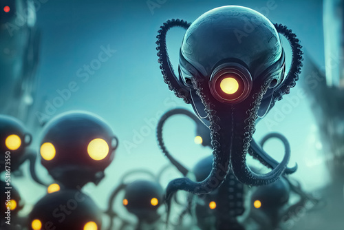 Futuristic aliens with tentacles. 3D illustration of science fiction space invaders galaxy monsters. photo