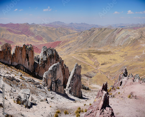 Panoramic view of colorful mountain landscape at Palcoyo rainbow moutains (Peru). 
