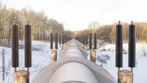 Gas transportation to the buyers via gas main pipeline through third party countries. Build and constructing tubes and inspection of the pipeline for malfunctions and construction failures, 3d render. photo
