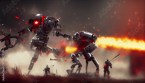 Robots fight on a battlefield. XXI century war. Epic battle between humans and robots