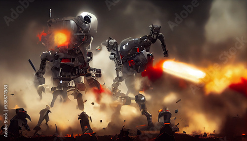 Robots fight on a battlefield. XXI century war. Epic battle between humans and robots