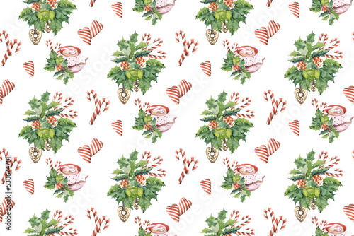 Watercolor Christmas Pine Needles Toys Sweets Lollipop Reindeer Antler, Tea Mug, Poisettia