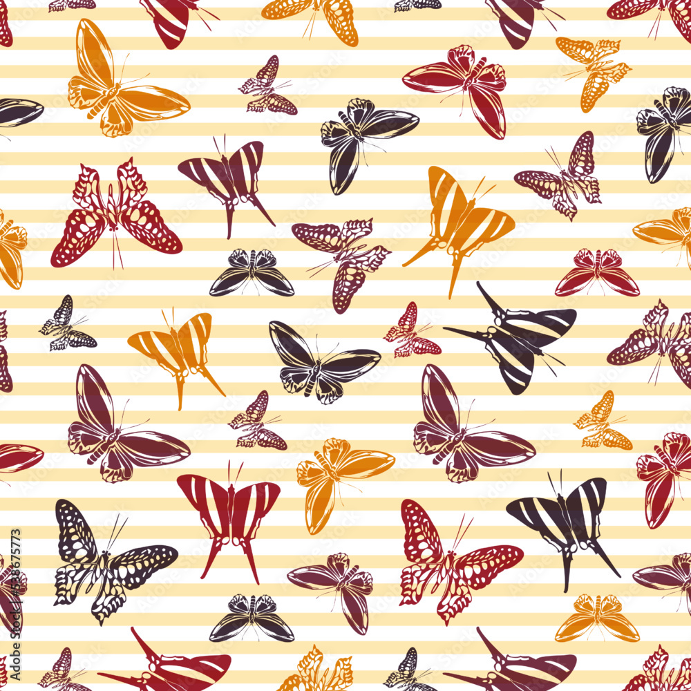 Flying butterfly silhouettes over striped background vector seamless pattern. Flying butterfly silhouettes over striped background vector seamless pattern.