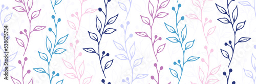 Berry bush twigs organic vector seamless pattern. Vintage herbal graphic design. Herb plants foliage and blossom illustration. Berry bush sprouts flat repeating background