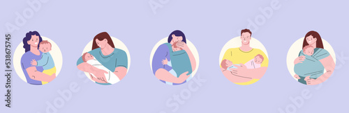 Happy young parents avatars. Woman and man hold and hug newborn babies. Cute mother and father with infant vector portraits
