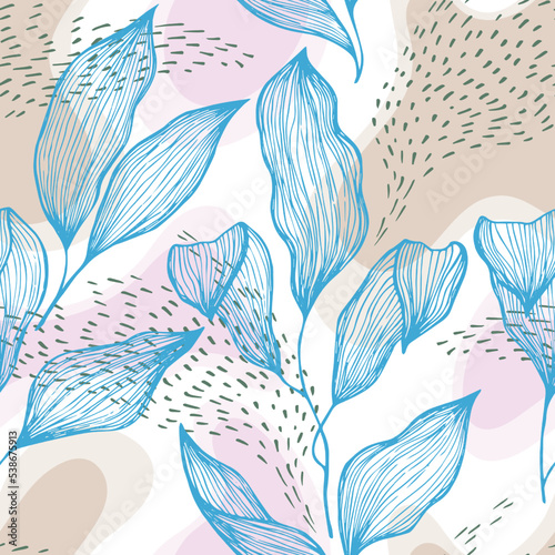 Sketch style doodle line texture leaves over stains and dots seamless vector ...