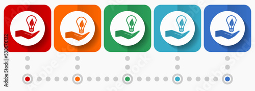 Light, idea, hand with bulb vector icons, infographic template, set of flat design symbols in 5 color options