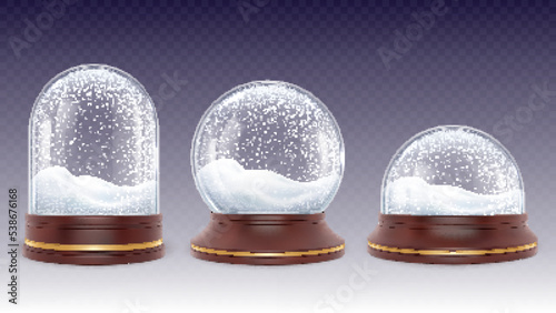 Christmas snow globes. Glass globe with snowy and snowfall. Empty realistic 3d new year ball on wooden stand. Glowing toy, pithy crystal dome vector set