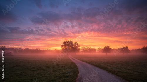 Colourful autumn sunrise over a meadow with trees surrounded by fog