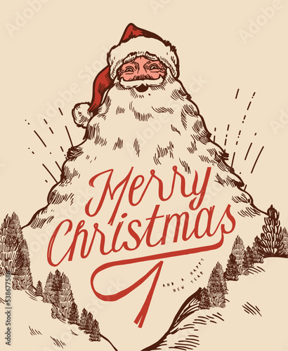 Santa Claus beard mountain. Huge Santa Claus head with his beard being a mountain. Vintage Merry Christmas typography card.