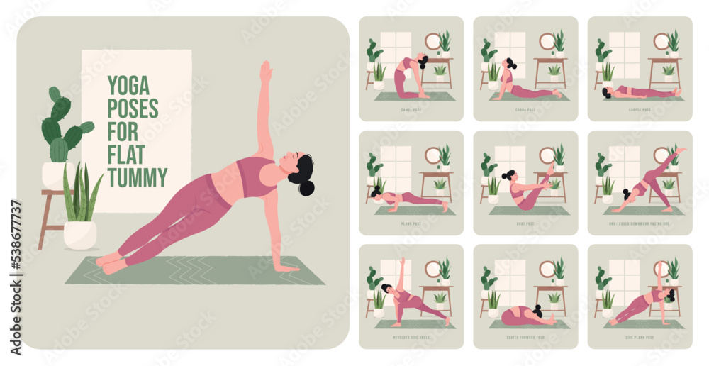 Yoga Poses For Flat Tummy. Young Woman Practicing Yoga Pose. Woman Workout  Fitness, Aerobic And Exercises. Vector Illustration. Royalty Free SVG,  Cliparts, Vectors, and Stock Illustration. Image 169564424.