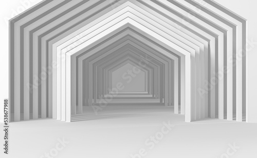 Minimal light abstract background and mock up for the presentation and exhibitions of products. Parametric arches in the walls in perspective with light at the end of the corridor 3d illustration