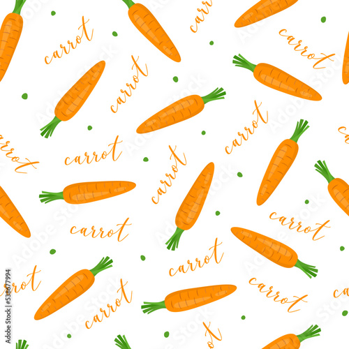 Wallpaper Mural Seamless pattern with cartoon carrots and text. Healthy food or Easter theme background. Vegetable, vegan or vegetarian food wallpaper. Vector illustration in flat style.  Torontodigital.ca