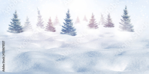 Winter forest against the background of snowdrifts. Christmas background.