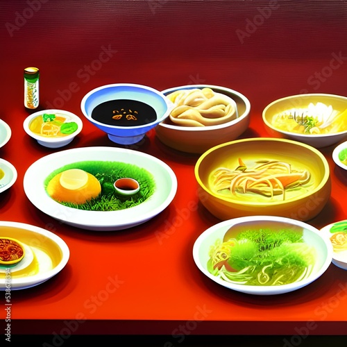 Dinner Table with Japoneese food, High quality 3d illustration