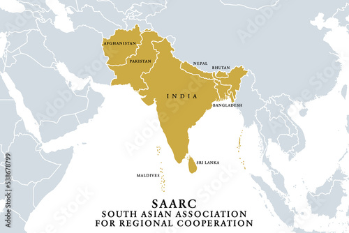 SAARC, member states, political map. The South Asian Association for Regional Cooperation, a regional intergovernmental organization and geopolitical union of eight states in South Asia. Illustration.