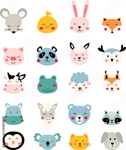 Big set of cute animal faces and pets. Hand-drawn vector illustration. Perfect for birthday parties, children's parties, clothing prints, greeting cards