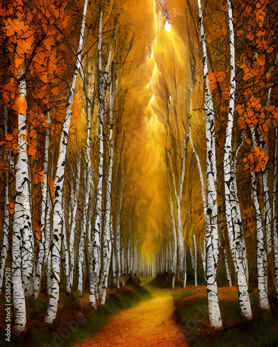 A 3d digital rendering of an autumn forest with a path through the birch trees.