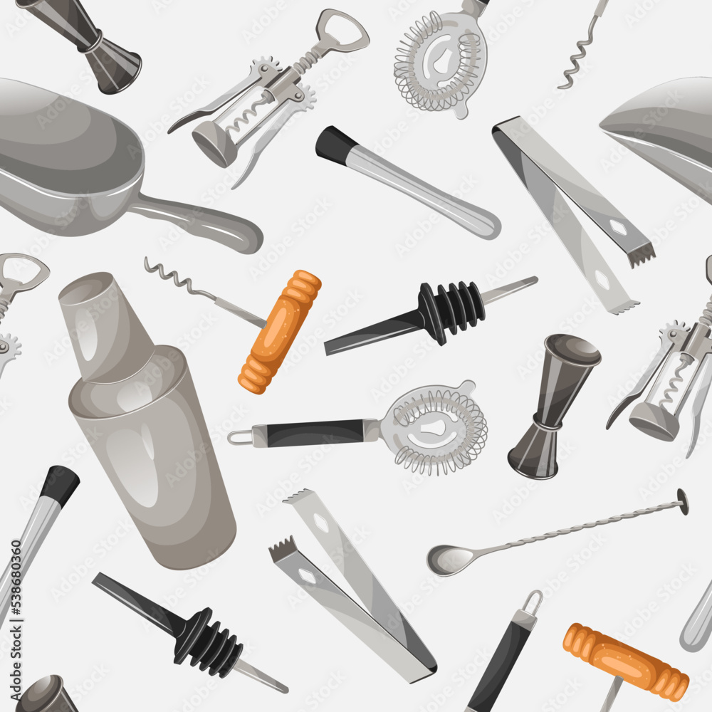 Vector seamless pattern witn different bartender equipment bar tools isolated on white. Illustration for World Bartender day, bars,cards,print,greeting card,shops,pubs,night clubs concept. Vector seamless pattern witn different bartender equipment bar tools isolated on white. Illustration for World Bartender day, bars,cards,print,greeting card,shops,pubs,night clubs concept.