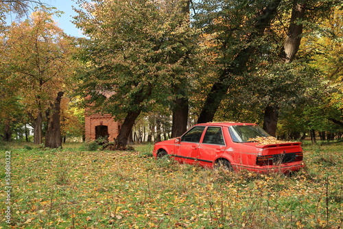 old red abandoned car somewhere in the woods