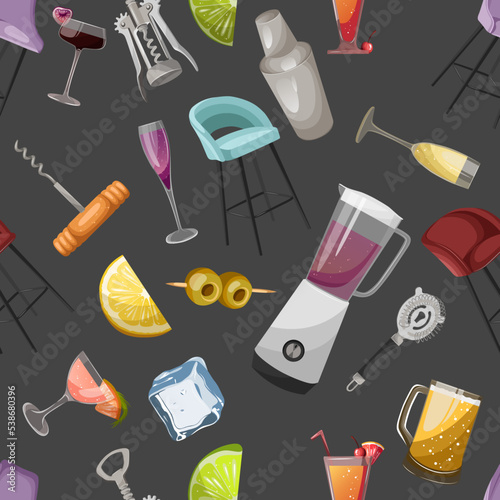 Seamless pattern of different bar tools,glasses beverages,chairs. Vector illustration for World Bartender day, bars, shops,pubs,design. Colorful elements isolated on gray background.