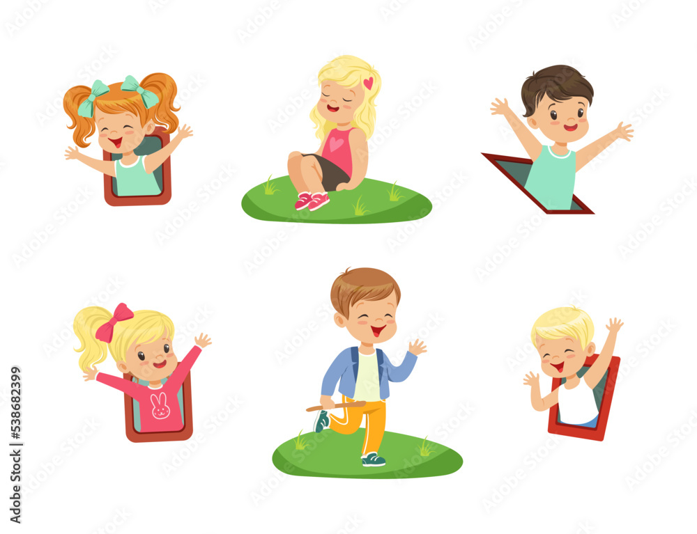 Cute Little Kids Having Fun Playing at Playground Enjoying Outdoor Activity Vector Set