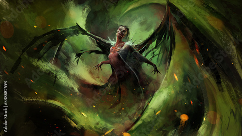 A demonic ghost of a dead girl with hellish wings, surrounded by a magical vortex and sparks. A poisonous fire mist surrounds her, she is a reaper. her face is a skull with a long, nasty tongue.2D art