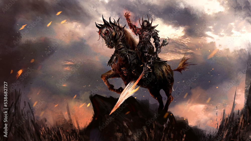 A demonic horseman with a huge fiery sword in epic black armor rides a ...