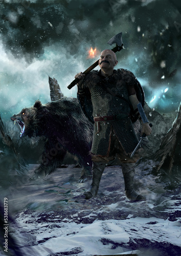 Schilderij op canvas A bald Viking dwarf in chain mail armor stands on snow-covered mountains and holds an axe and a dagger