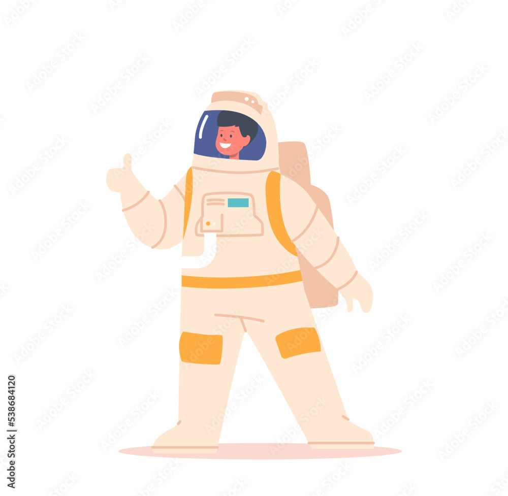Kid Wear Astronaut Costume Isolated on White Background. Little Boy Character Playing Role of Cosmonaut at Performance
