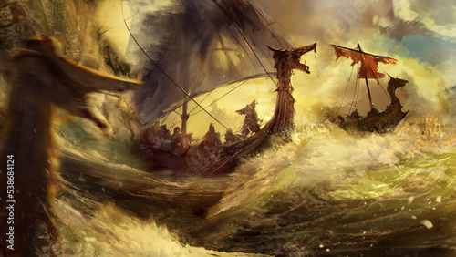 Epic Viking dragon boats sail through the raging sea in bright sunlight. waves are beating against ships, and heroic warriors in helmets with horns are standing on the deck. they are traveling. 2D art photo