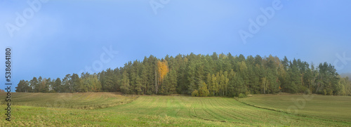 panorama october landscape - autumn foggy day, beautiful trees with colorful leaves, Poland, Europe, Podlasie, a meadows and fields near the forest