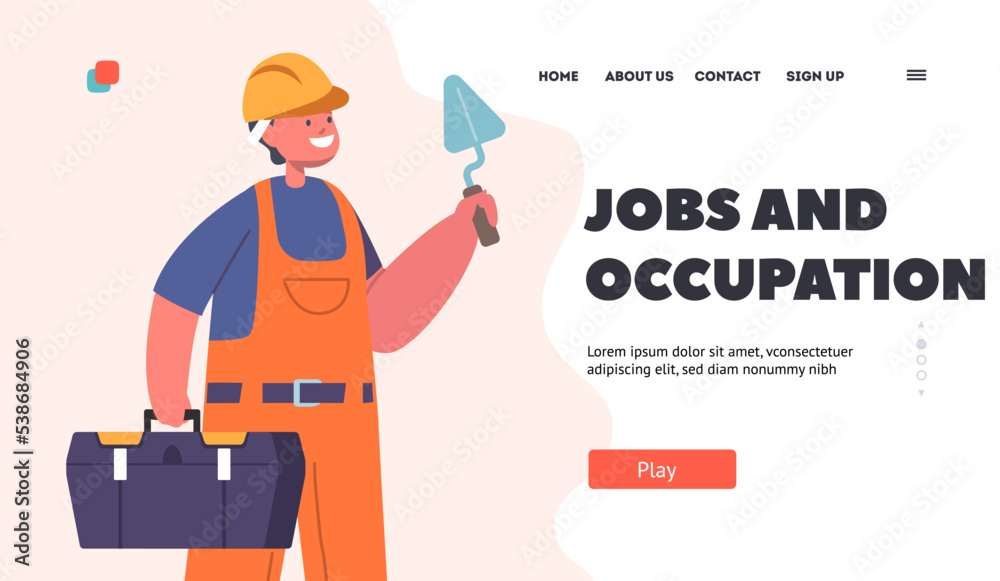 Job and Occupation Landing Page Template. Kid Wear Builder Suit Holding Toolbox and Trowel, Boy Choose Future Profession Job and Occupation Landing Page Template. Kid Wear Builder Suit Holding Toolbox and Trowel, Boy Choose Future Profession