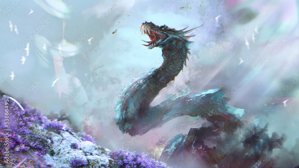 An epic fantasy dragon snake with blue scales and huge fangs on snow ...