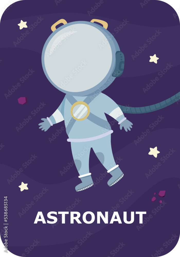 Astronaut. Space flashcards for kids. Vector illustrations of solar system planets with their names.