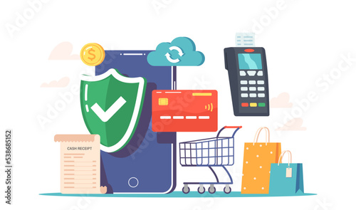 Safe Payment Concept with Smartphone, Shield, Cash Receipt, Trolley and Bags with Cloud, Pos Terminal and Coin