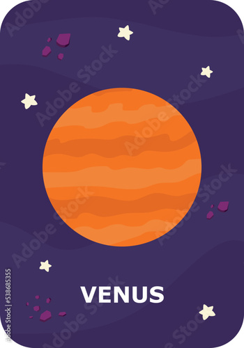 Planet Venus. Space flashcards for kids. Vector illustrations of solar system planets with their names.